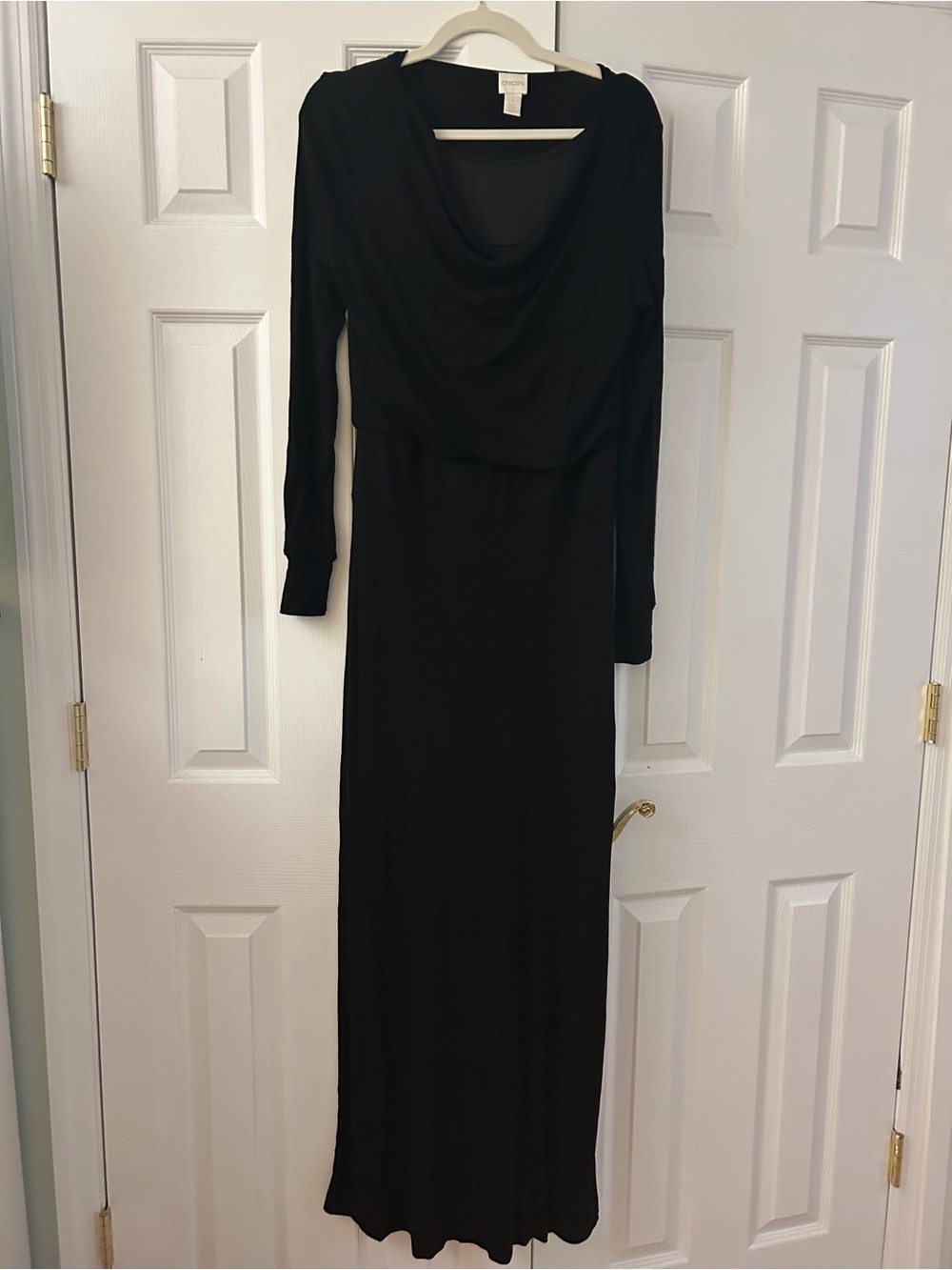 CHICOS Black Travelers Maxi Dress 1 M 8 10 Cowl Neck Long Sleeve Slinky Column